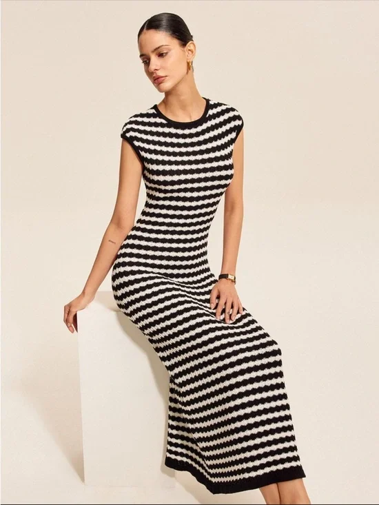 Commense | Dresses | Commense Black And White Striped Knit Maxi Dress ...